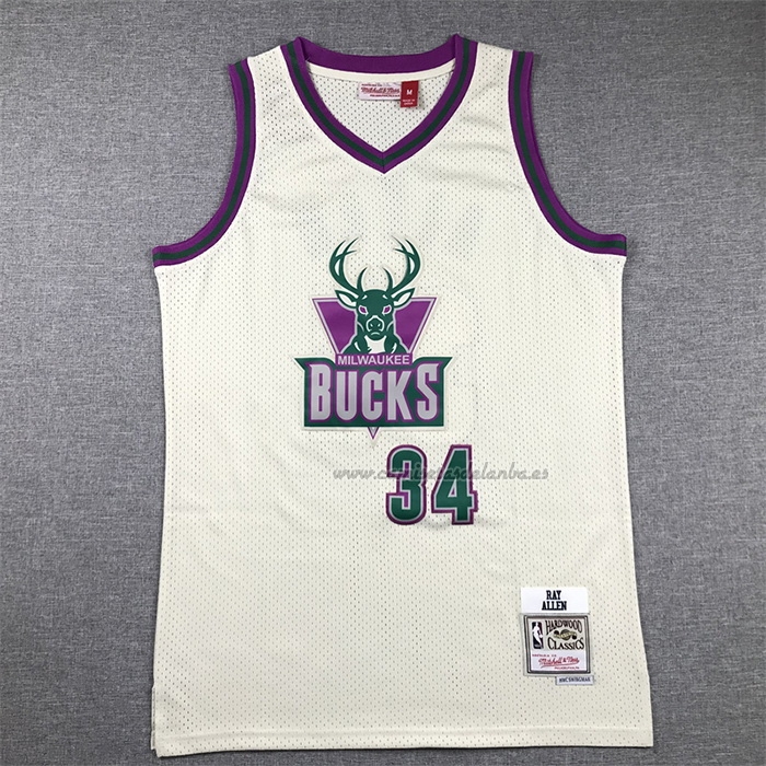 Camiseta Milwaukee Bucks Ray Allen NO 34 Mitchell & Ness Chainstitch Crema